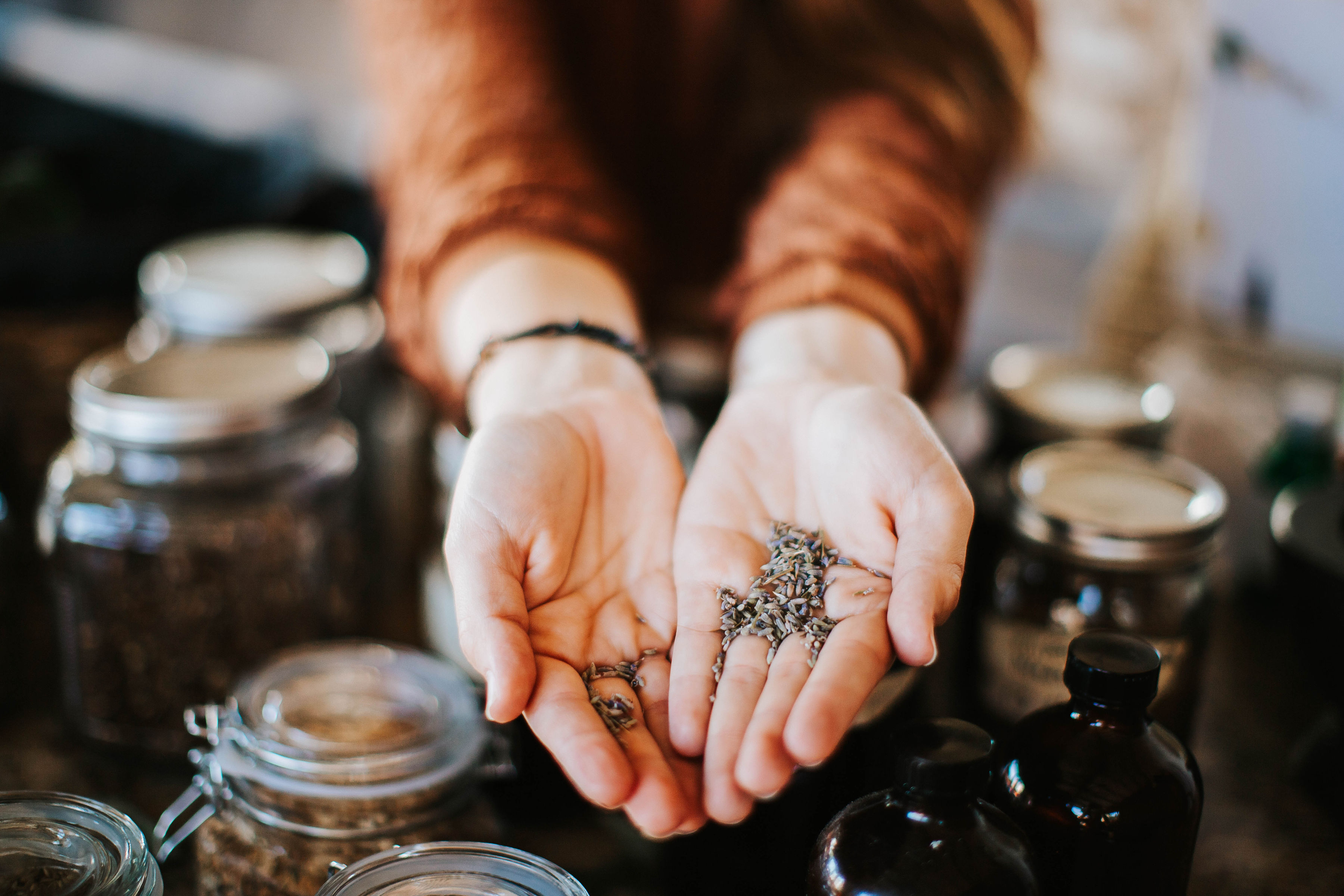 Close up of herbals in lady's hands