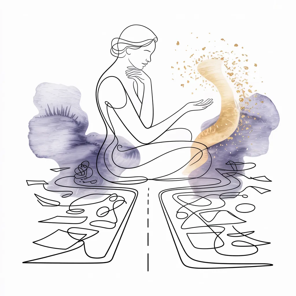 Woman seated and contemplating with golden sparkles symbolizing Cosmic Cash Codes