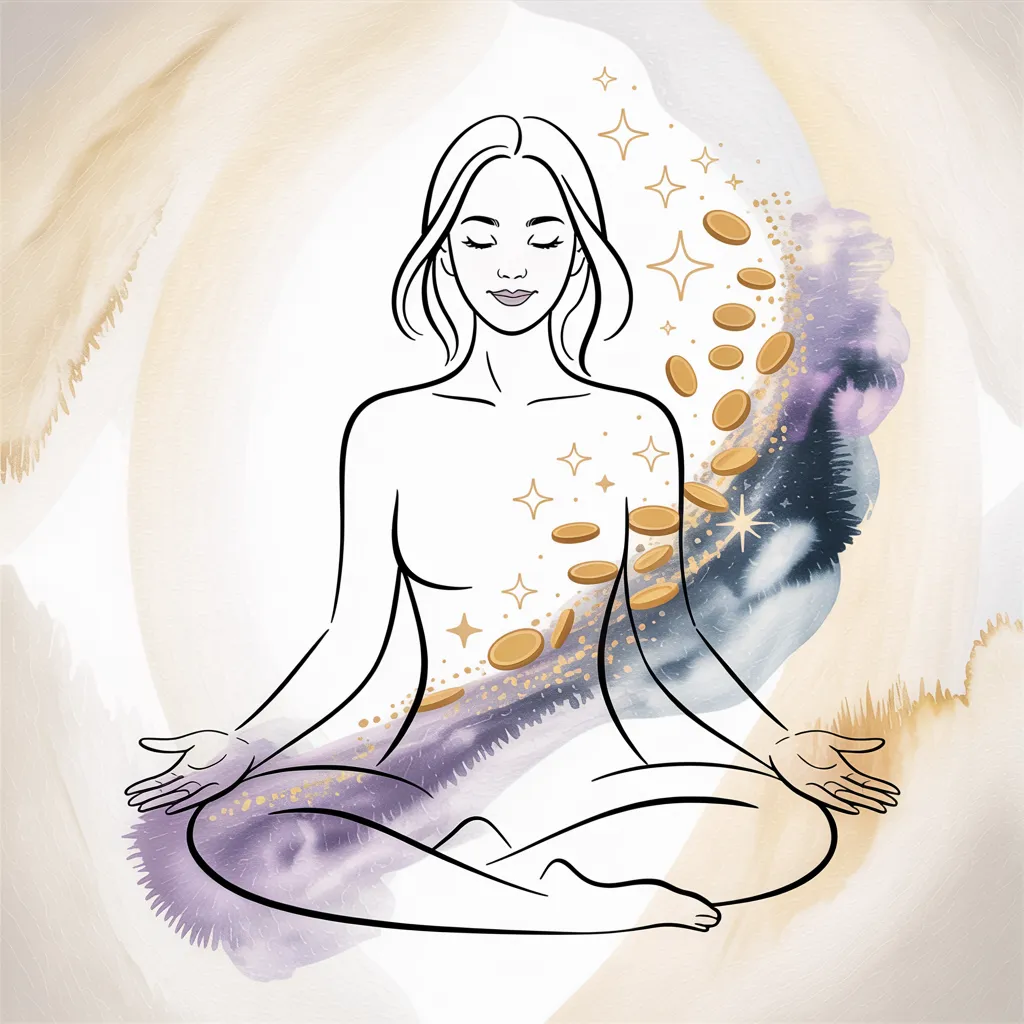 Meditating Woman with gold coins symbolizing Cosmic Cash Codes