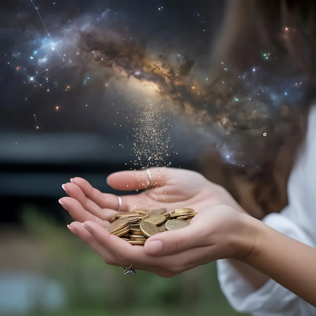 Earn by Design Astrology Course for Beginners, hands holding coins and cosmos dust flowing down
