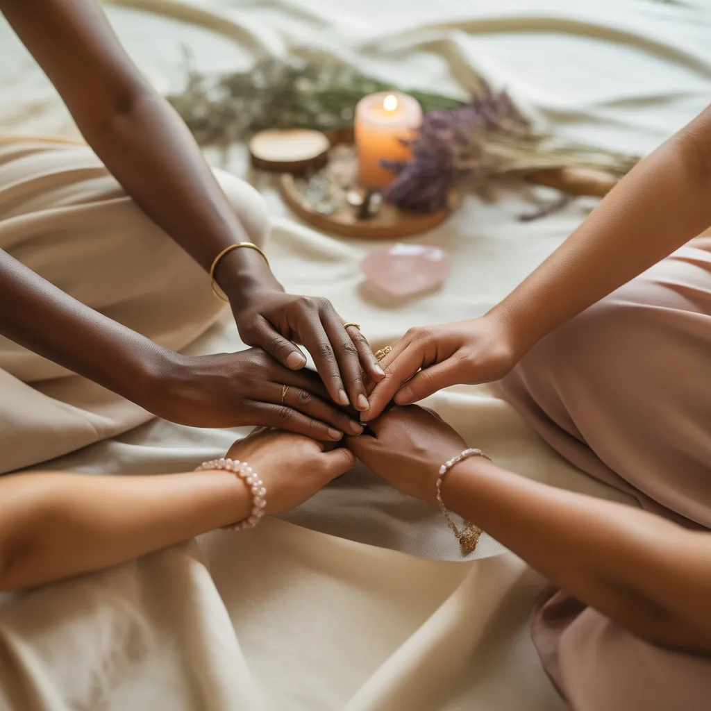 several women touching hands in an intentional astrology circle