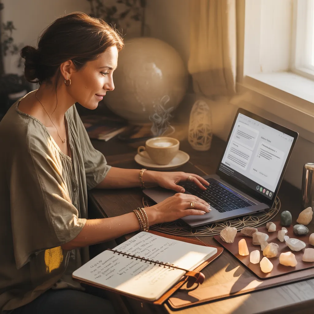 Woman Solopreneur sitting at her desk working on her cosmic side hustle