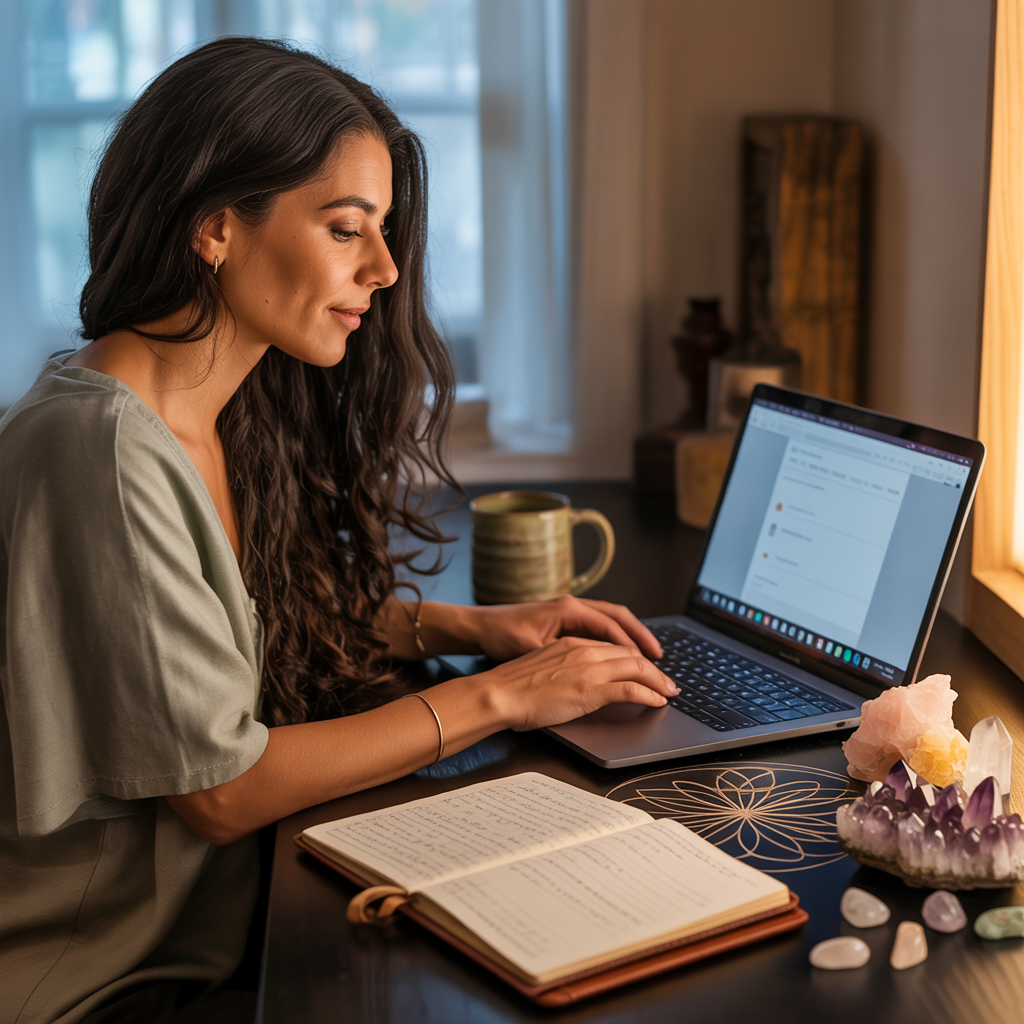 solopreneur coach updating her website using her astrology insights