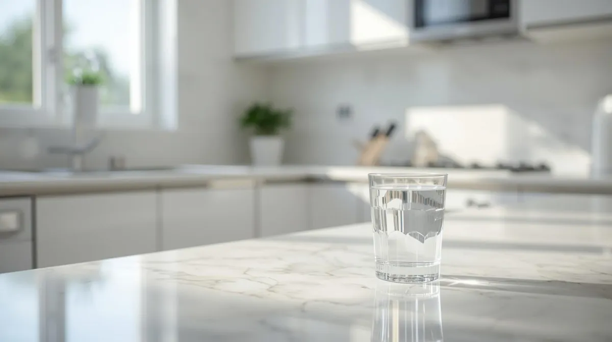Glass of clean drinking water on a kitchen bench in a Sunshine Coast home