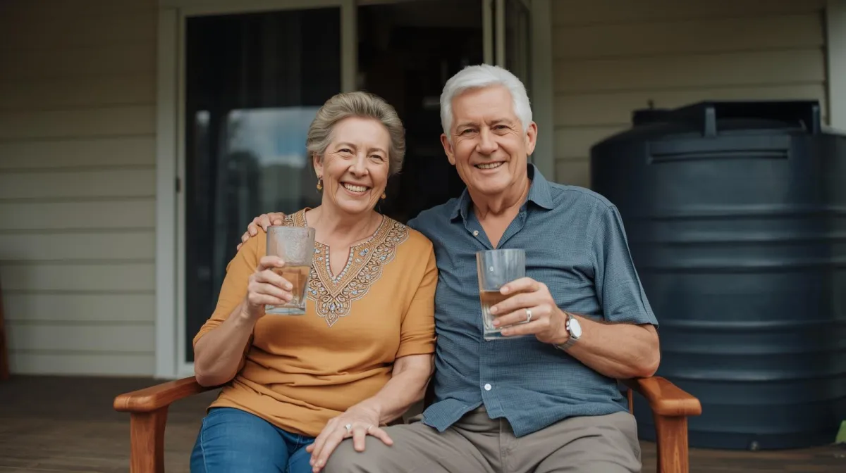 Older homeowners drinking rainwater tank water at home