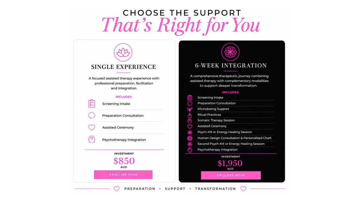 Choose the Level of Support You Need Single Experience A focused assisted therapy experience for those who want professional preparation, facilitation and psychotherapy integration without committing to a longer program. This option provides the essential therapeutic framework around the experience, helping you approach it with greater clarity, intention and support. Included Screening Intake An initial consultation to explore your circumstances, goals, relevant history and suitability for the experience. Preparation Consultation A dedicated session to establish your intentions, discuss what may arise and prepare you emotionally and psychologically. Assisted Ceremony A professionally facilitated experience held within a private, supportive and trauma-informed environment. Psychotherapy Integration A post-experience psychotherapy session to help you process what emerged, make meaning of the experience and identify how the insights may be applied in your life. Investment $850 [Enquire About a Single Experience] 6-Week Integration A six-week process for people who want more than a single experience. The 6-Week Integration offering provides an extended container of preparation, complementary therapeutic support and integration. It is designed for people who want time to explore what is happening beneath the surface, reconnect with themselves and work intentionally with the emotional, psychological, somatic and personal insights that may emerge. Rather than treating the assisted ceremony as the entire process, the experience is held within a broader therapeutic framework. You will be supported by a collaborative team of qualified practitioners, with each inclusion selected to contribute to your preparation, self-understanding and integration. Included Screening Intake A comprehensive initial consultation exploring your history, current circumstances, goals and suitability for the program. Preparation Consultation A dedicated session to clarify your intentions, develop psychological readiness and establish a supportive foundation for the experience. Microdosing Guidance Education and support around a structured microdosing practice, where appropriate and subject to individual suitability and relevant legal and clinical considerations. Personal Ritual Practices Reflective and intentional practices to help you slow down, strengthen self-awareness and remain connected to the work between sessions. Somatic Therapy Session A body-based therapeutic session supporting nervous system awareness, emotional regulation and greater connection with your physical experience. Assisted Ceremony A professionally facilitated experience within a private, supportive and trauma-informed setting. PSYCH-K® or Energy Healing Session A complementary session selected according to your needs, intended to support belief change, emotional processing or energetic wellbeing. Human Design Consultation and Personalised Chart A reflective consultation exploring your individual Human Design chart as a tool for self-inquiry, personal awareness and decision-making. Second PSYCH-K® or Energy Healing Session A further complementary session to support the continuation and integration of your personal work. Psychotherapy Integration A dedicated psychotherapy session to process the experience, examine key insights and translate awareness into meaningful action. Investment $1,950 [Enquire About the 6-Week Integration Program] Which Option Is Right for You? The Single Experience may suit you when: You are seeking a focused assisted therapy experience. You already have established therapeutic or reflective practices. You feel comfortable continuing much of the integration independently. You want professional screening, preparation, facilitation and a dedicated integration session. The 6-Week Integration program may suit you when: You want a deeper and more supported process. You are navigating a significant personal, emotional or identity transition. You recognise that the experience itself may be only one part of the work. You want support before and after the ceremony rather than processing everything alone. You are interested in combining psychotherapy with somatic and complementary practices. You want structured space to reflect, integrate and apply what you discover. This Is Not About Escaping Your Life Assisted therapy is not offered as a shortcut, a cure-all or a way to bypass difficult emotions. It may bring forward memories, feelings, patterns or perspectives that require careful exploration. The purpose of this work is not simply to have an extraordinary experience. It is to create the conditions in which you can safely explore what arises and determine what it means for the way you live, relate and move forward. Preparation helps establish the foundation. The ceremony creates the experience. Integration is where insight begins to become change. A Collaborative and Individualised Approach No two people enter this work for exactly the same reason. You may be experiencing burnout, grief, disconnection, identity change, emotional patterns, relationship challenges or a sense that something in your life is no longer aligned. Your support will be tailored to your circumstances rather than delivered as a generic formula. Where the six-week program includes other practitioners or complementary modalities, those services are provided collaboratively by appropriately trained professionals within their respective fields.