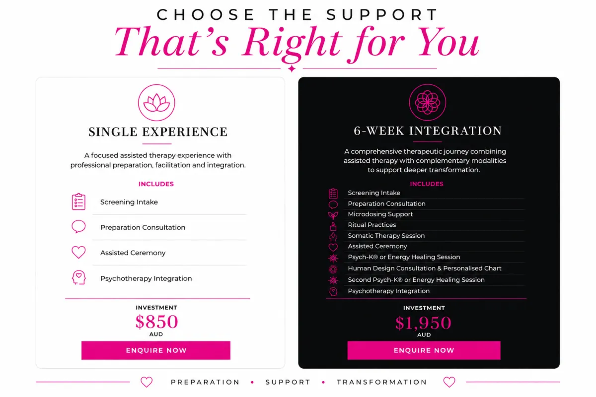 Choose the Level of Support You Need Single Experience A focused assisted therapy experience for those who want professional preparation, facilitation and psychotherapy integration without committing to a longer program. This option provides the essential therapeutic framework around the experience, helping you approach it with greater clarity, intention and support. Included Screening Intake An initial consultation to explore your circumstances, goals, relevant history and suitability for the experience. Preparation Consultation A dedicated session to establish your intentions, discuss what may arise and prepare you emotionally and psychologically. Assisted Ceremony A professionally facilitated experience held within a private, supportive and trauma-informed environment. Psychotherapy Integration A post-experience psychotherapy session to help you process what emerged, make meaning of the experience and identify how the insights may be applied in your life. Investment $850 [Enquire About a Single Experience] 6-Week Integration A six-week process for people who want more than a single experience. The 6-Week Integration offering provides an extended container of preparation, complementary therapeutic support and integration. It is designed for people who want time to explore what is happening beneath the surface, reconnect with themselves and work intentionally with the emotional, psychological, somatic and personal insights that may emerge. Rather than treating the assisted ceremony as the entire process, the experience is held within a broader therapeutic framework. You will be supported by a collaborative team of qualified practitioners, with each inclusion selected to contribute to your preparation, self-understanding and integration. Included Screening Intake A comprehensive initial consultation exploring your history, current circumstances, goals and suitability for the program. Preparation Consultation A dedicated session to clarify your intentions, develop psychological readiness and establish a supportive foundation for the experience. Microdosing Guidance Education and support around a structured microdosing practice, where appropriate and subject to individual suitability and relevant legal and clinical considerations. Personal Ritual Practices Reflective and intentional practices to help you slow down, strengthen self-awareness and remain connected to the work between sessions. Somatic Therapy Session A body-based therapeutic session supporting nervous system awareness, emotional regulation and greater connection with your physical experience. Assisted Ceremony A professionally facilitated experience within a private, supportive and trauma-informed setting. PSYCH-K® or Energy Healing Session A complementary session selected according to your needs, intended to support belief change, emotional processing or energetic wellbeing. Human Design Consultation and Personalised Chart A reflective consultation exploring your individual Human Design chart as a tool for self-inquiry, personal awareness and decision-making. Second PSYCH-K® or Energy Healing Session A further complementary session to support the continuation and integration of your personal work. Psychotherapy Integration A dedicated psychotherapy session to process the experience, examine key insights and translate awareness into meaningful action. Investment $1,950 [Enquire About the 6-Week Integration Program] Which Option Is Right for You? The Single Experience may suit you when: You are seeking a focused assisted therapy experience. You already have established therapeutic or reflective practices. You feel comfortable continuing much of the integration independently. You want professional screening, preparation, facilitation and a dedicated integration session. The 6-Week Integration program may suit you when: You want a deeper and more supported process. You are navigating a significant personal, emotional or identity transition. You recognise that the experience itself may be only one part of the work. You want support before and after the ceremony rather than processing everything alone. You are interested in combining psychotherapy with somatic and complementary practices. You want structured space to reflect, integrate and apply what you discover. This Is Not About Escaping Your Life Assisted therapy is not offered as a shortcut, a cure-all or a way to bypass difficult emotions. It may bring forward memories, feelings, patterns or perspectives that require careful exploration. The purpose of this work is not simply to have an extraordinary experience. It is to create the conditions in which you can safely explore what arises and determine what it means for the way you live, relate and move forward. Preparation helps establish the foundation. The ceremony creates the experience. Integration is where insight begins to become change. A Collaborative and Individualised Approach No two people enter this work for exactly the same reason. You may be experiencing burnout, grief, disconnection, identity change, emotional patterns, relationship challenges or a sense that something in your life is no longer aligned. Your support will be tailored to your circumstances rather than delivered as a generic formula. Where the six-week program includes other practitioners or complementary modalities, those services are provided collaboratively by appropriately trained professionals within their respective fields.