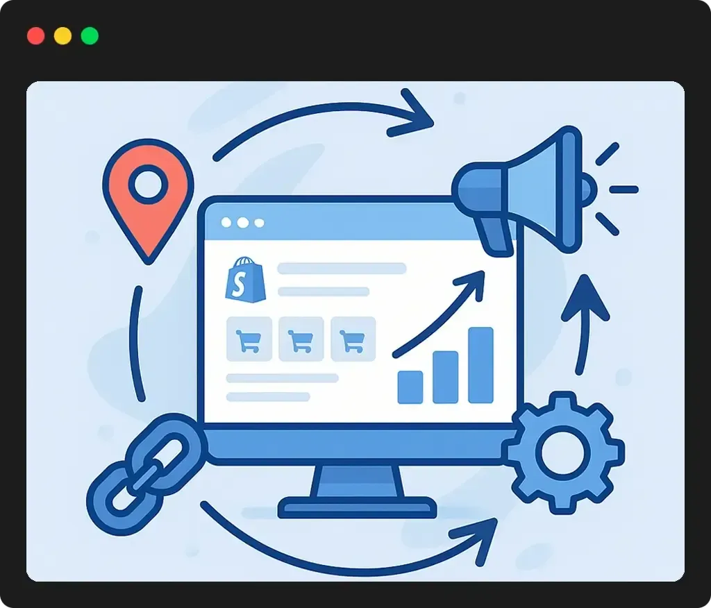Illustration of Shopify SEO services including backlinks, local SEO, automation, and social media marketing with upward growth arrows.