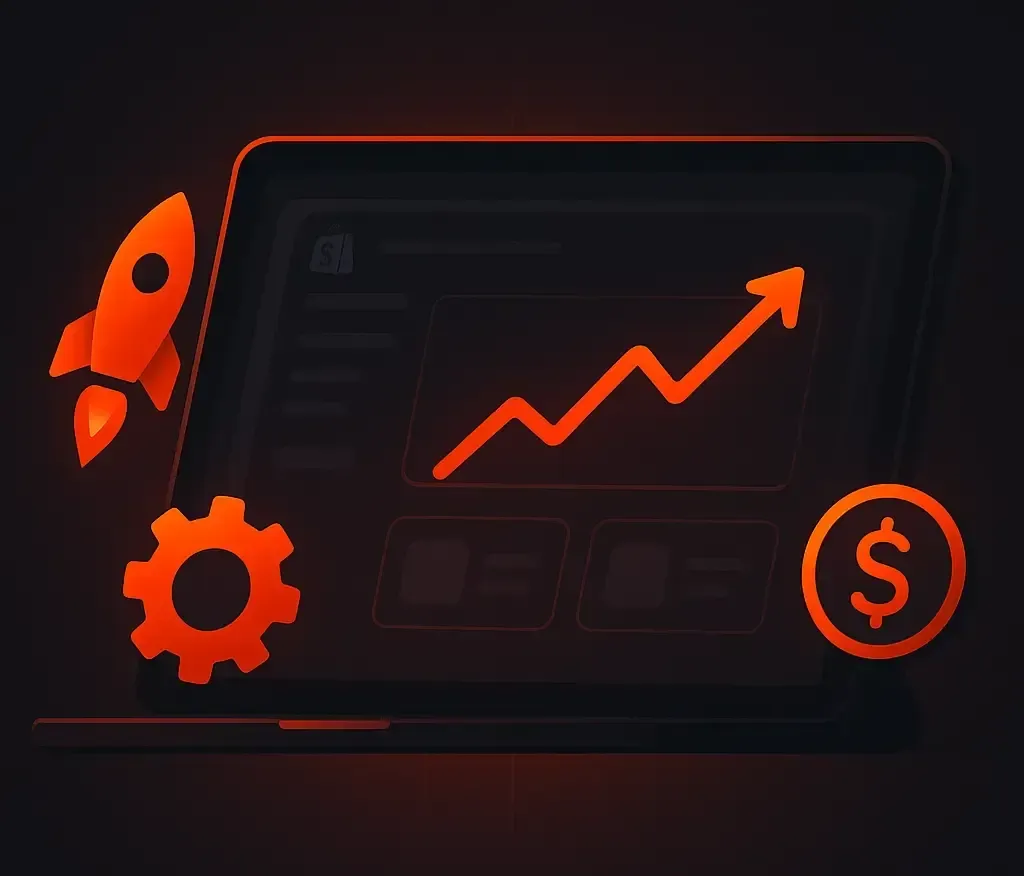 Dark-themed Shopify dashboard on a tablet with rocket, gear, and dollar icons symbolizing fast setup, seamless integration, and ROI-focused marketing solutions.