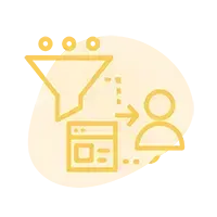 Yellow funnel icon showing lead conversion through landing pages, forms, and automation for small business growth.