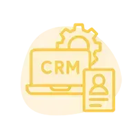 CRM icon with contact card and gear symbolizing centralized customer management, pipeline tracking, and communication tools.