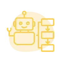 Robot and flowchart icon representing business process automation to save time and improve efficiency.