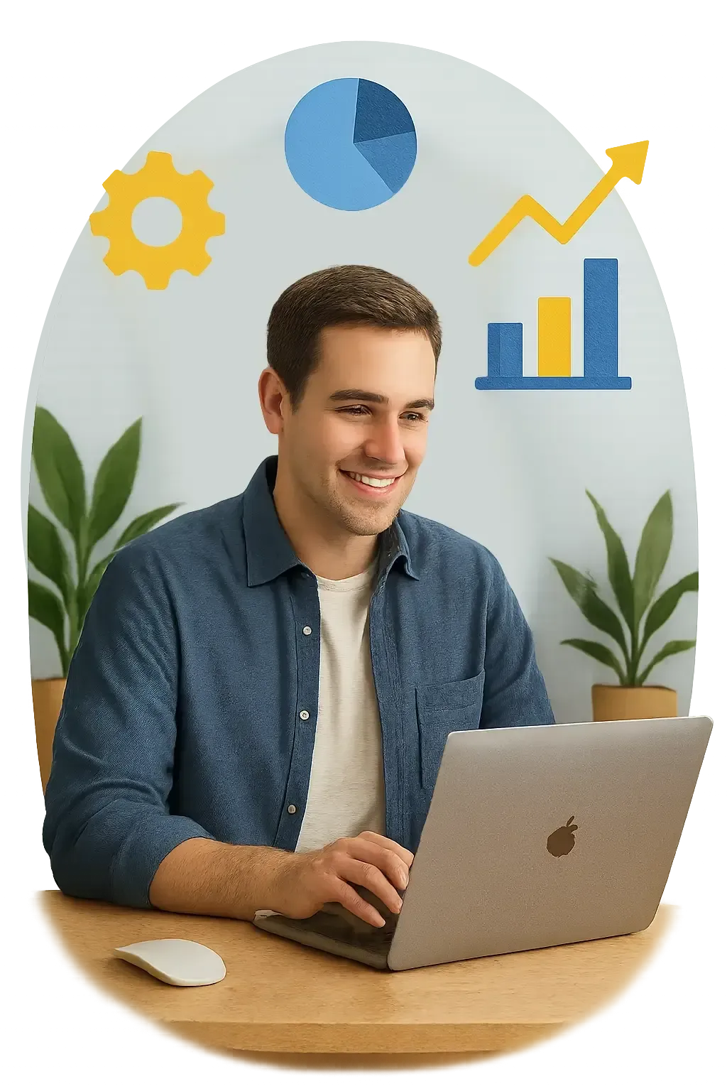 Smiling business owner using a laptop, surrounded by icons for growth, analytics, and automation in an oval layout.