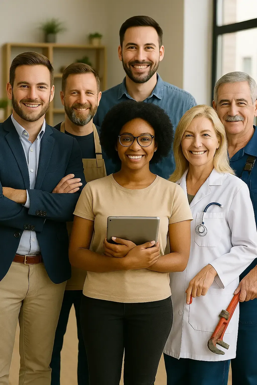 Group photo of diverse small business professionals including a coach, carpenter, retailer, agency owner, dentist, real estate agent, and plumber standing in a modern office setting.
