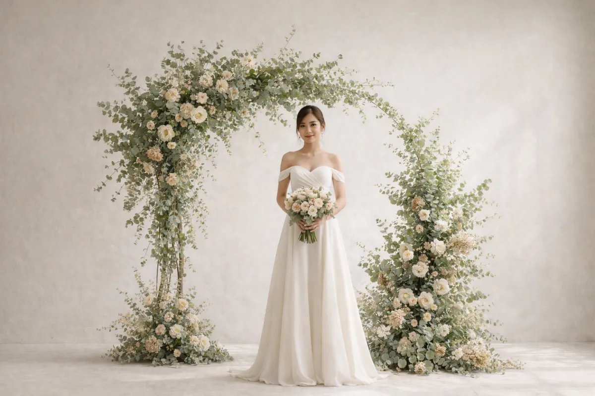 Pennigum used in wedding arch and bouquet styling