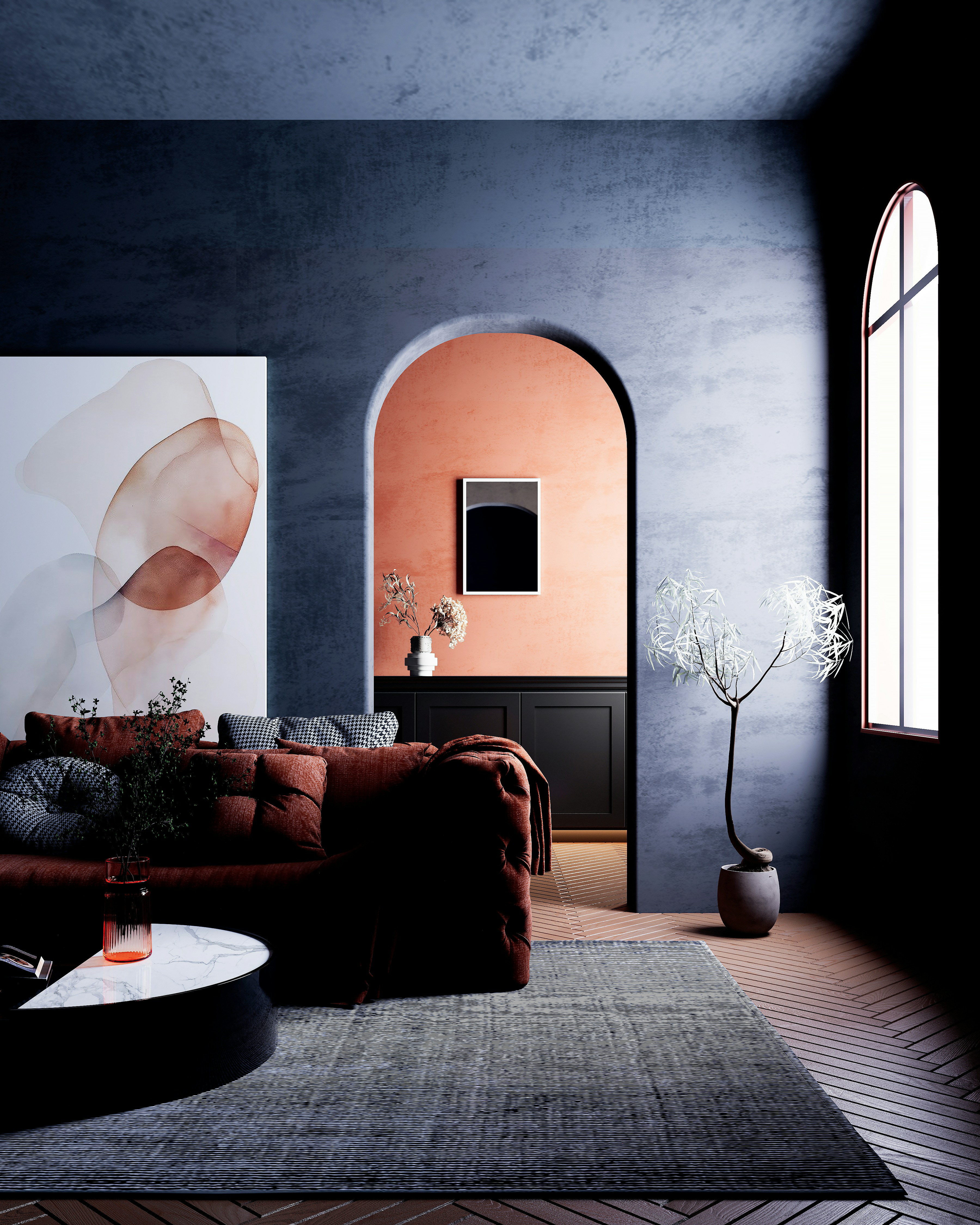 Full-service interior design living room with arched doorway micro cement walls, marble table, & rust velvet sofa, Seattle WA