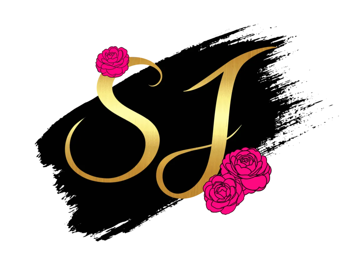 SharmaLia Jones Designs gold "SJ" monogram logo with fuchsia pink floral accents