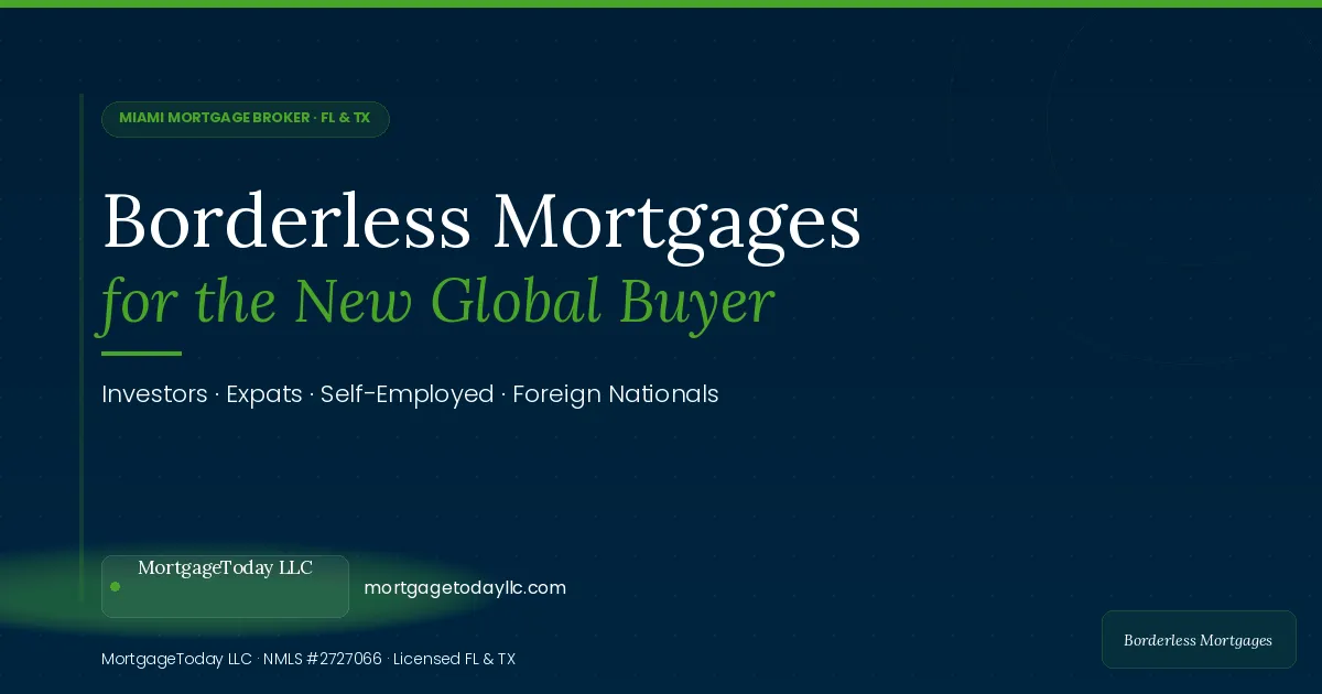 MortgageToday LLC share card: for the new global buyer. Investors, expats, self-employed, foreign nationals. NMLS #2727066, licensed FL and TX