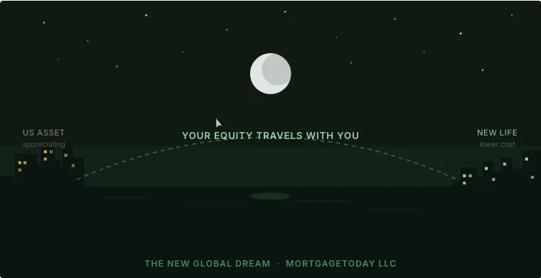 Night cityscape illustration showing a US city skyline on the left and a foreign city on the right connected by a dashed flight path over the ocean, representing American homeowners using home equity to move abroad and geo-arbitrage the US dollar.