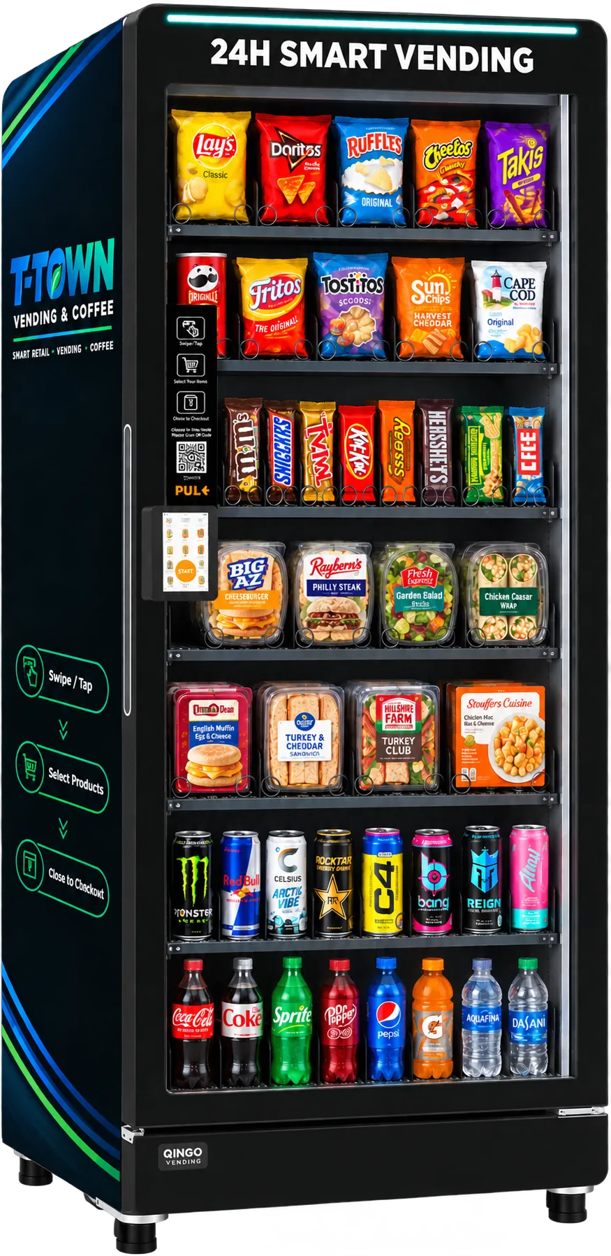 Sleek smart vending machine and craft coffee station in a modern breakroom
