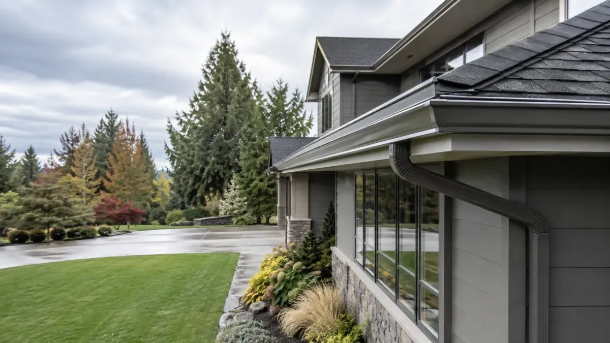 Close architectural view of a Hillsboro home showing clean seamless gutters, a properly connected downspout, fascia, and roofline details.
