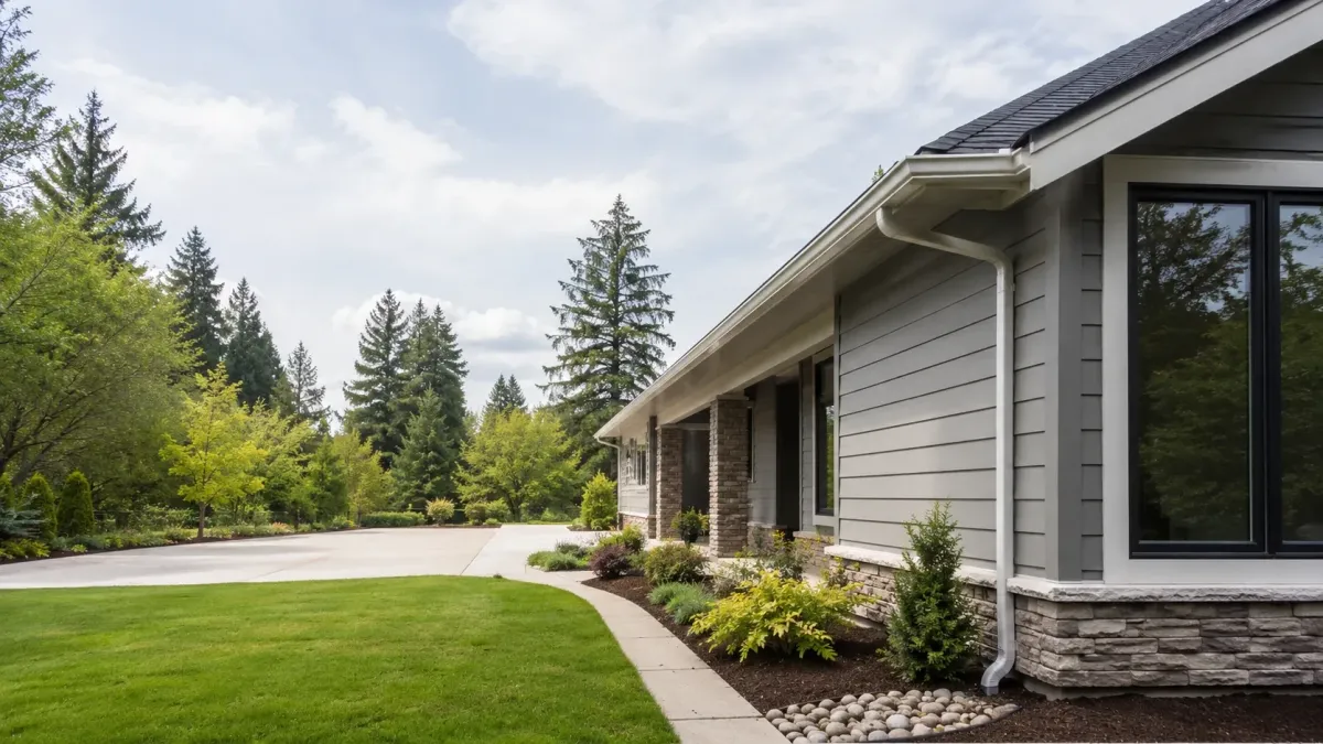 Single-story Hillsboro home with long clean gutter runs, properly positioned downspouts, green lawn, and mature Northwest trees.