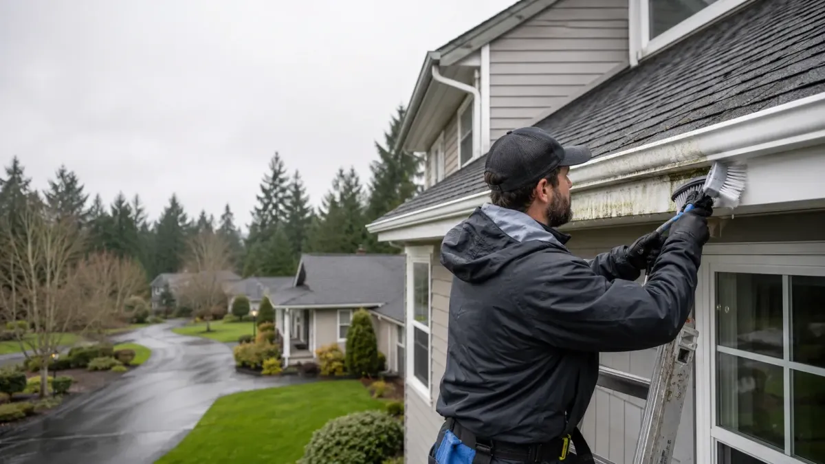 Gutter technician scrubbing and whitening stained exterior gutters on a residential property in Hillsboro, Oregon.