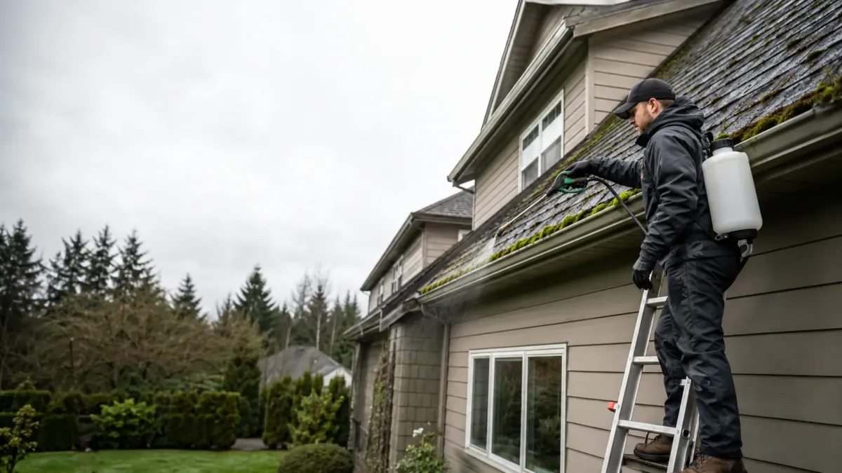 Professional technician applying moss treatment along gutters and roof edges on a Hillsboro, Oregon home.