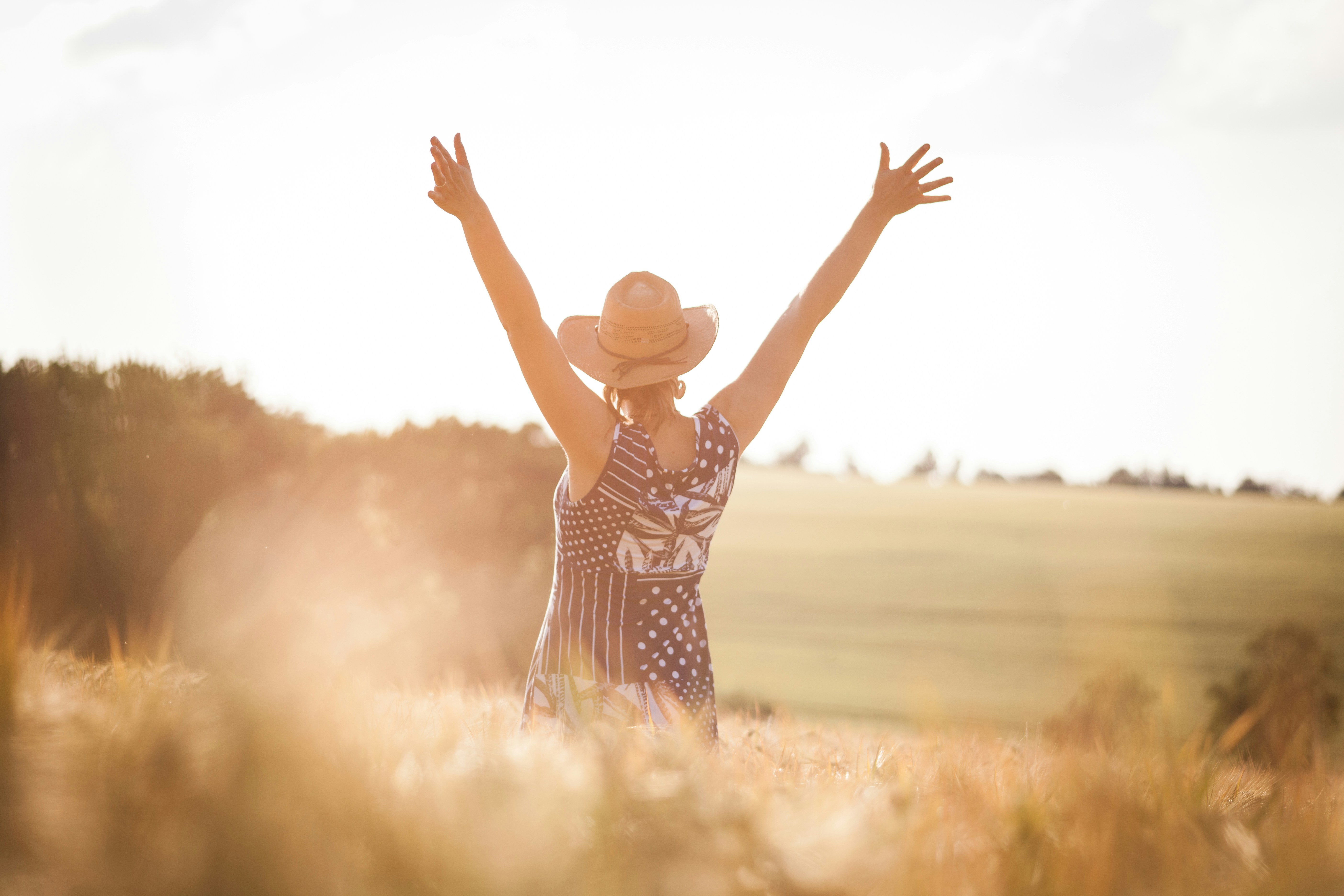 Someone happy arms up in a field celebrating