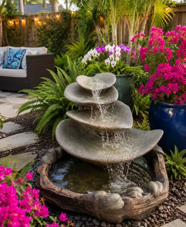 Luxury stone fountain creating a babbling brook sound at a Palm Beach County estate