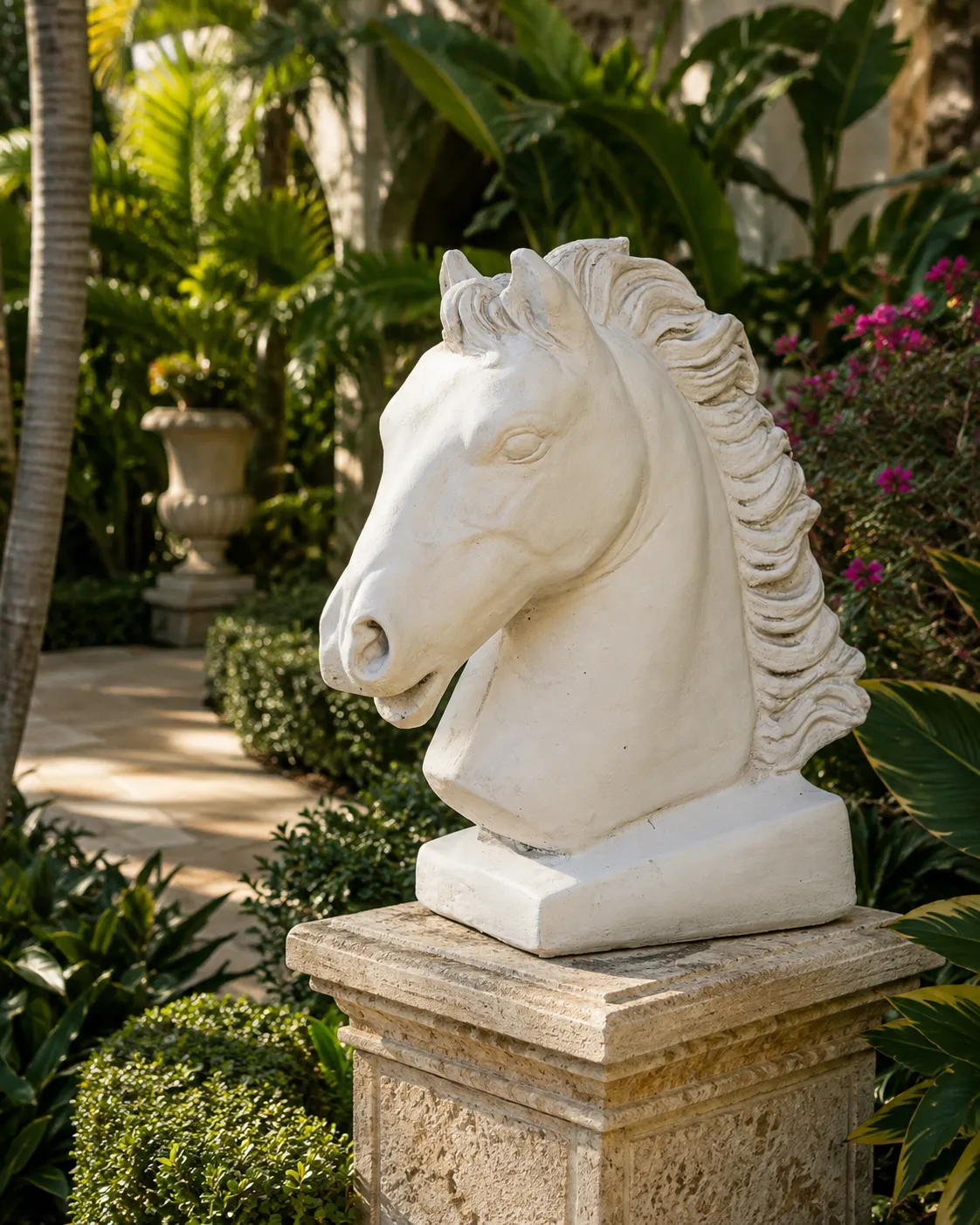 A perfectly leveled pedestal base on a stone patio supporting heavy statuary.
