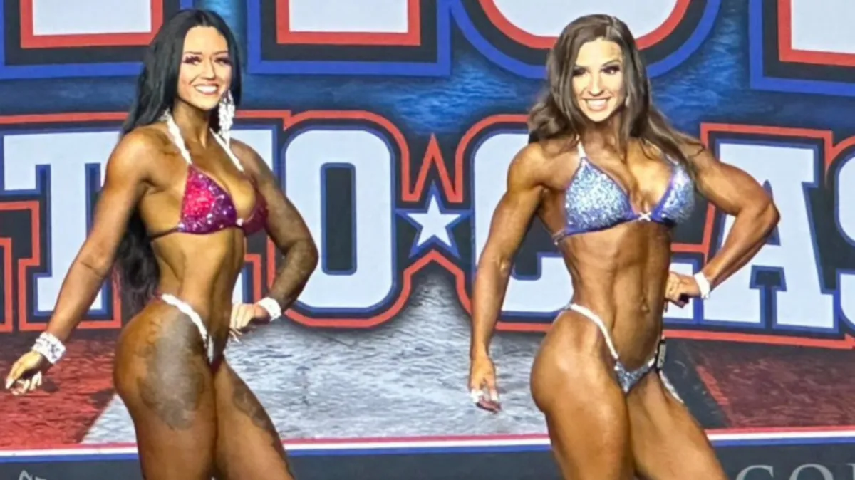 Allison Cole, co-owner of 4Balance Fitness on stage in a bodybuilding competition