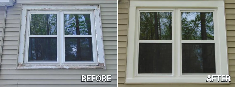 Before and after comparison of an old window replaced with a new, energy-efficient window by VHrestoration, showcasing expert window replacement services.