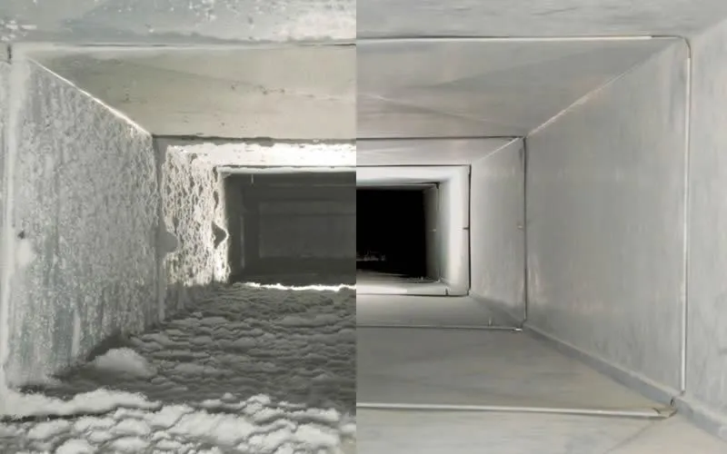 Before and after comparison of an air duct cleaning, showcasing the significant improvement in cleanliness and air quality achieved by VHrestoration's professional services.