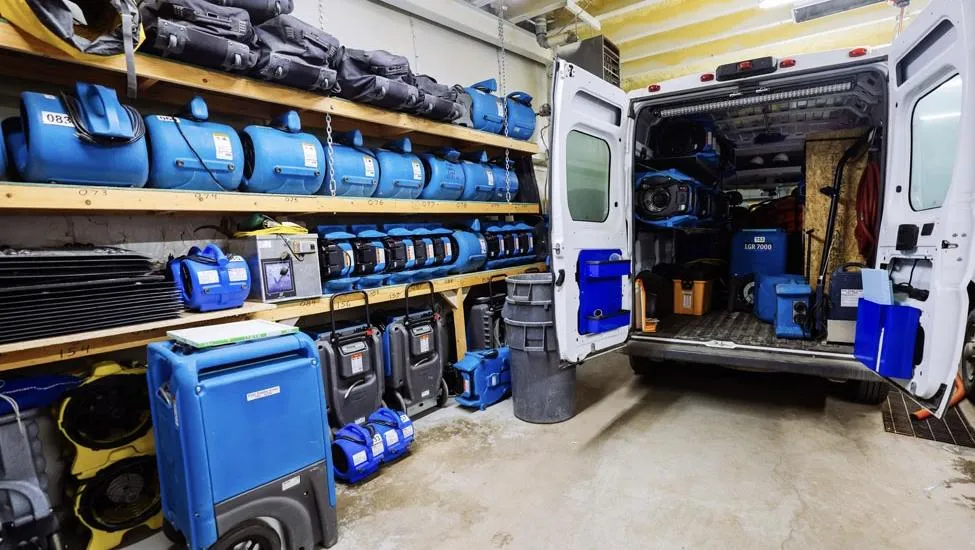 VHrestoration's professional equipment lined up and ready for deployment, showcasing preparedness for immediate response to water damage and restoration calls.