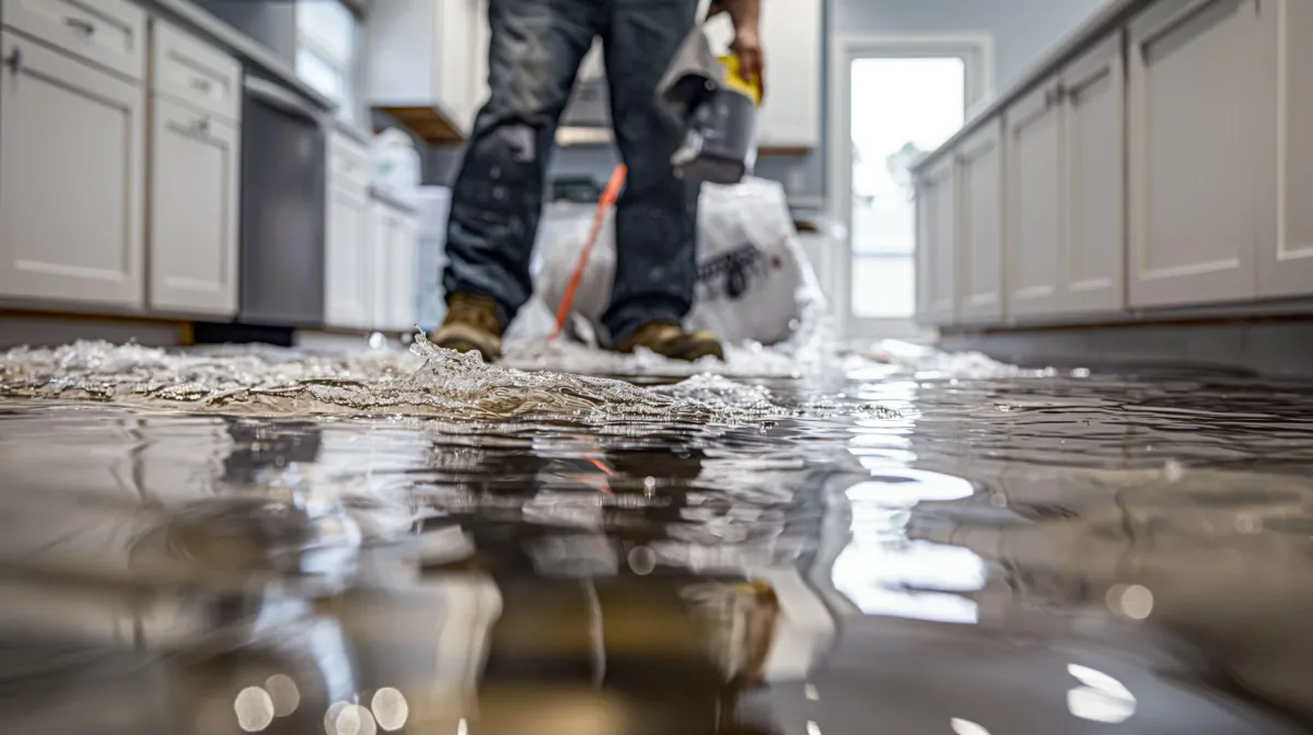 Flooded kitchen with standing water, illustrating the impact of water damage and the need for professional restoration services from VHrestoration.