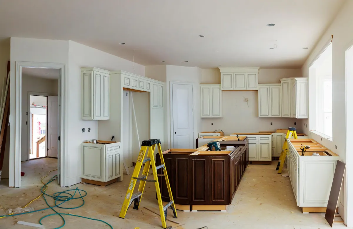 Kitchen undergoing reconstruction after water damage and mold remediation, highlighting VHrestoration's expertise in restoring damaged spaces.