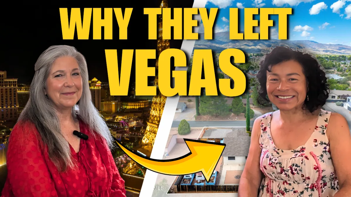 A split-screen YouTube thumbnail featuring two women. On the left, a woman with long grey hair in a red blouse is set against a nighttime Las Vegas skyline. On the right, a woman with dark curly hair in a floral top is set against a sunny, suburban landscape with mountains. Large yellow text across the top reads "WHY THEY LEFT VEGAS," with a yellow arrow pointing from the Vegas side to a house on the right side.