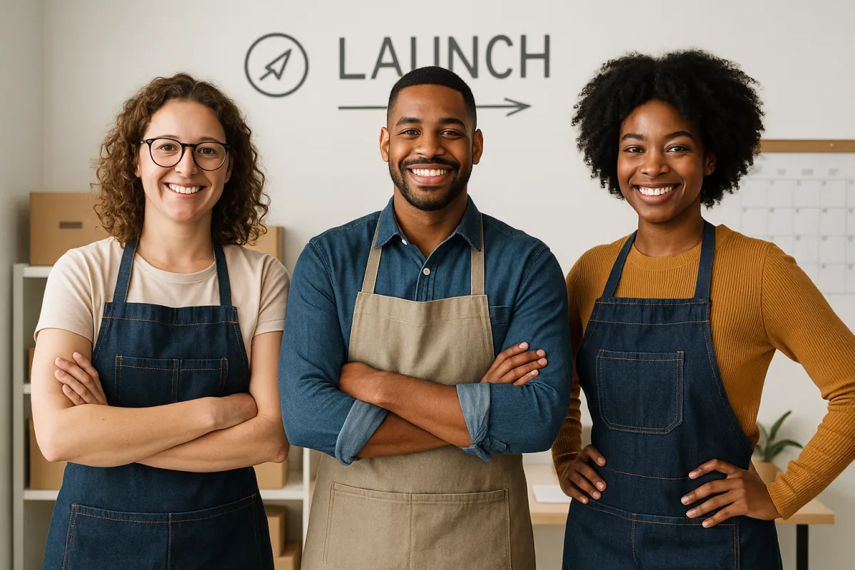 A diverse group of three small business owners, standing together in a bright workspace, smiling confidently at the camera. The background features subtle branding elements and a wall calendar, suggesting teamwork and readiness to launch a new project.
