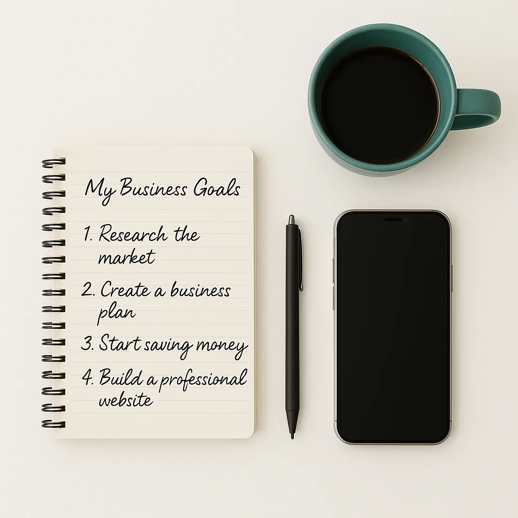 A square, minimalist photo of a clean desktop workspace with a notepad, pen, smartphone, and a teal coffee mug. The background is bright white, and the objects are neatly arranged, evoking a sense of organization and readiness for a new project.