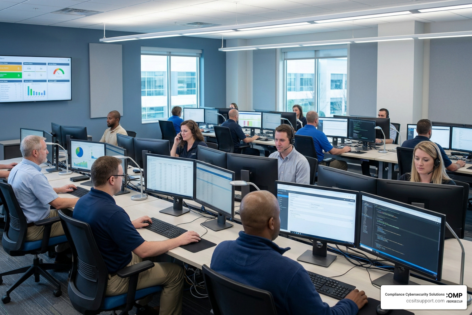 IT helpdesk support operations center with technicians managing ticketing systems