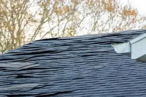 Lifted and curled shingles on residential roof showing storm and hail damage requiring repair