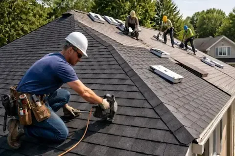 Roofing crew nailing asphalt shingles on residential home during full replacement by Eden Prairie Roofing