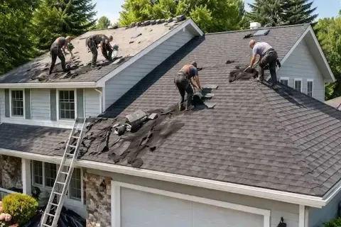 Four-man roofing crew removing old shingles during full roof replacement in Eden Prairie