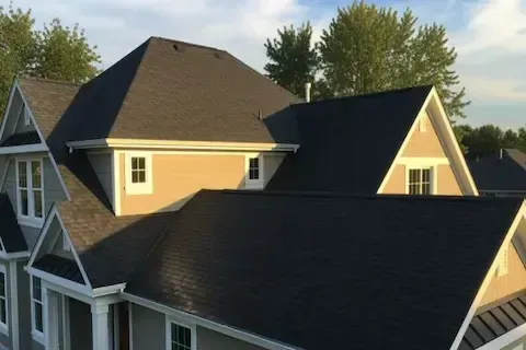 Completed dark asphalt shingle roof on multi-gable craftsman home in Eden Prairie by Eden Prairie Roofing