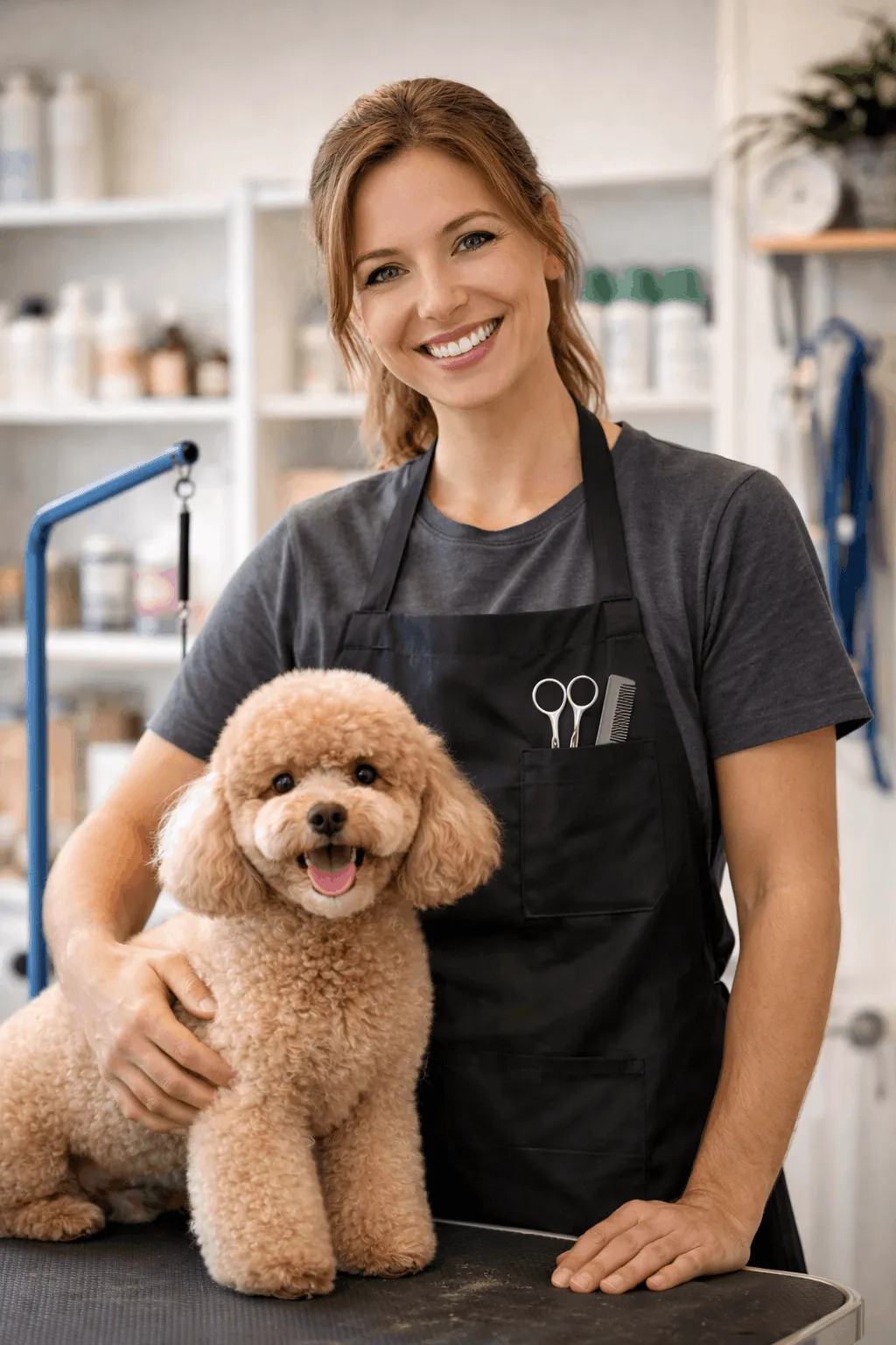 , toiletteuse professionnelle à Saint-Crépin sur Mer, avec un caniche après son toilettage au salon Titi et Grominet