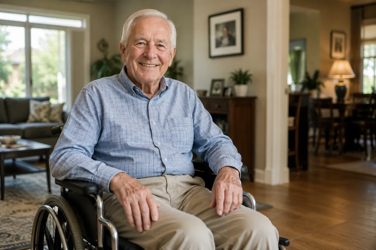 Elderly man smiling with cane representing safe medical appointment transportation for seniors