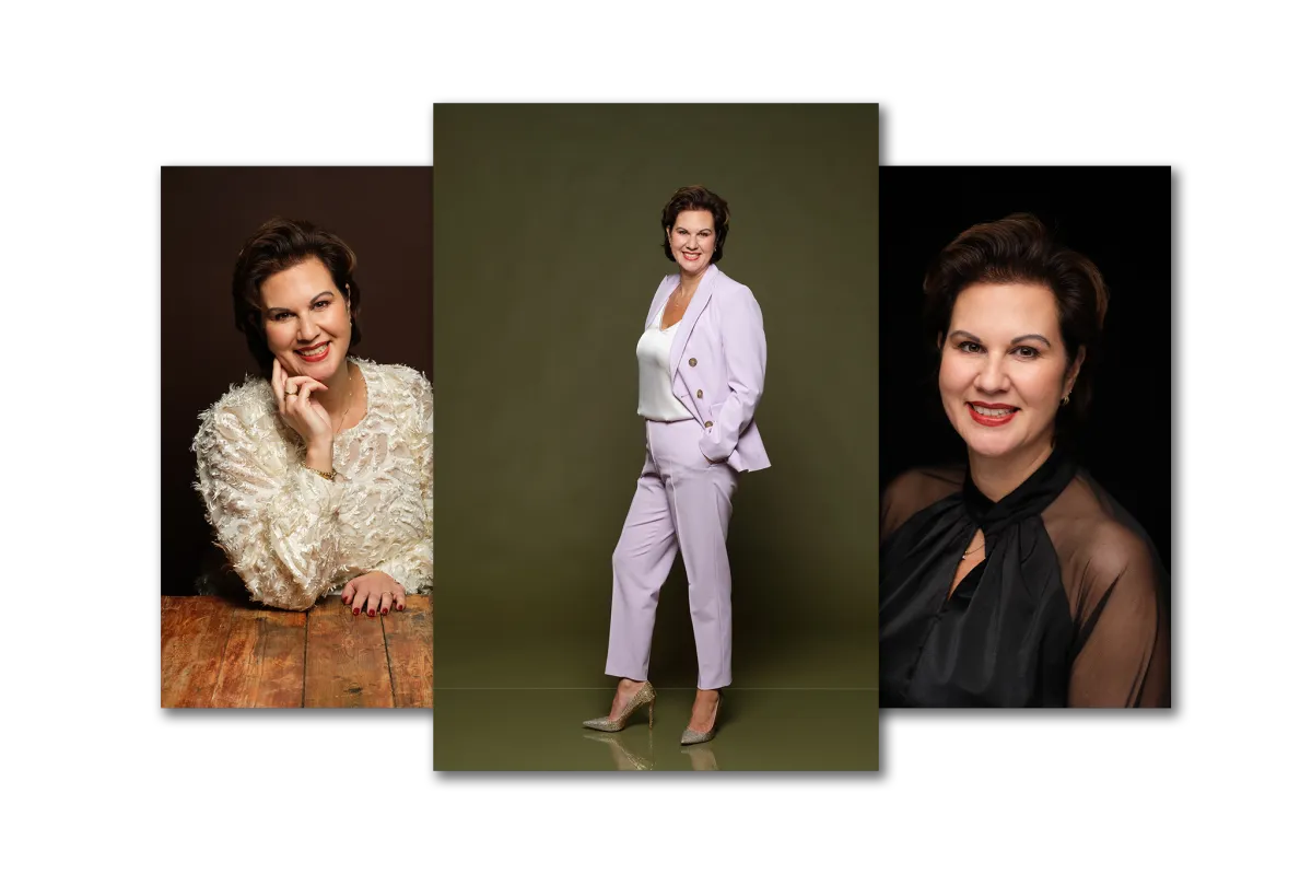 poserende onderneemster tijdens haar fotosessie in de fotostuio