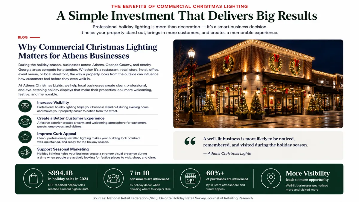 Christmas lights installed on a hotel exterior with warm white LED roofline lighting and illuminated landscaping.