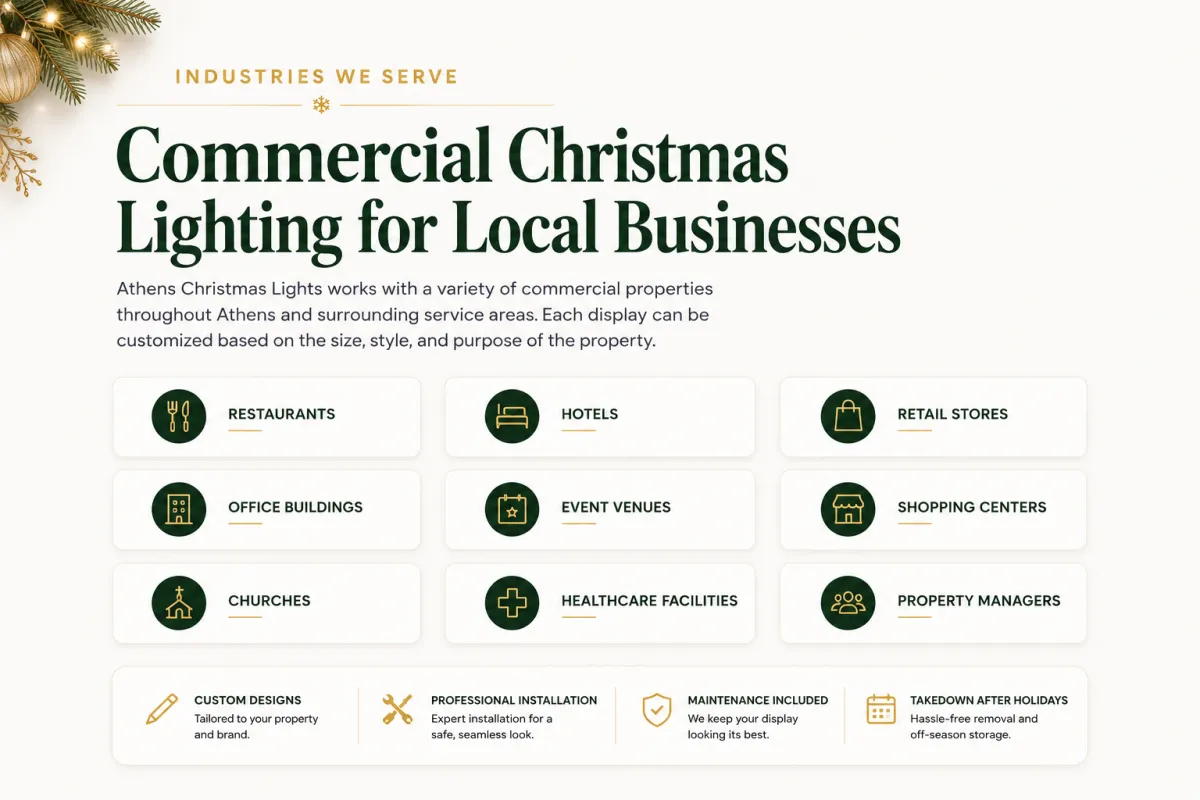 Holiday lighting installation for restaurants and retail spaces with bright LED Christmas lights and festive décor.